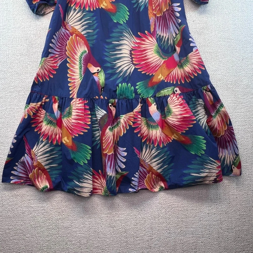 FARM Rio Parrot Print Dress Puff Sleeve Tiered Hem Tropical‎ Multicolor Small - Picture 5 of 13